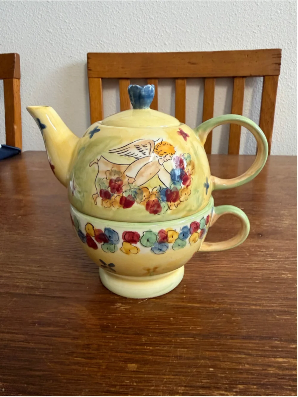 Mesa International Tea For One Teapot Cup Angel Flowers Stackable Ceramic